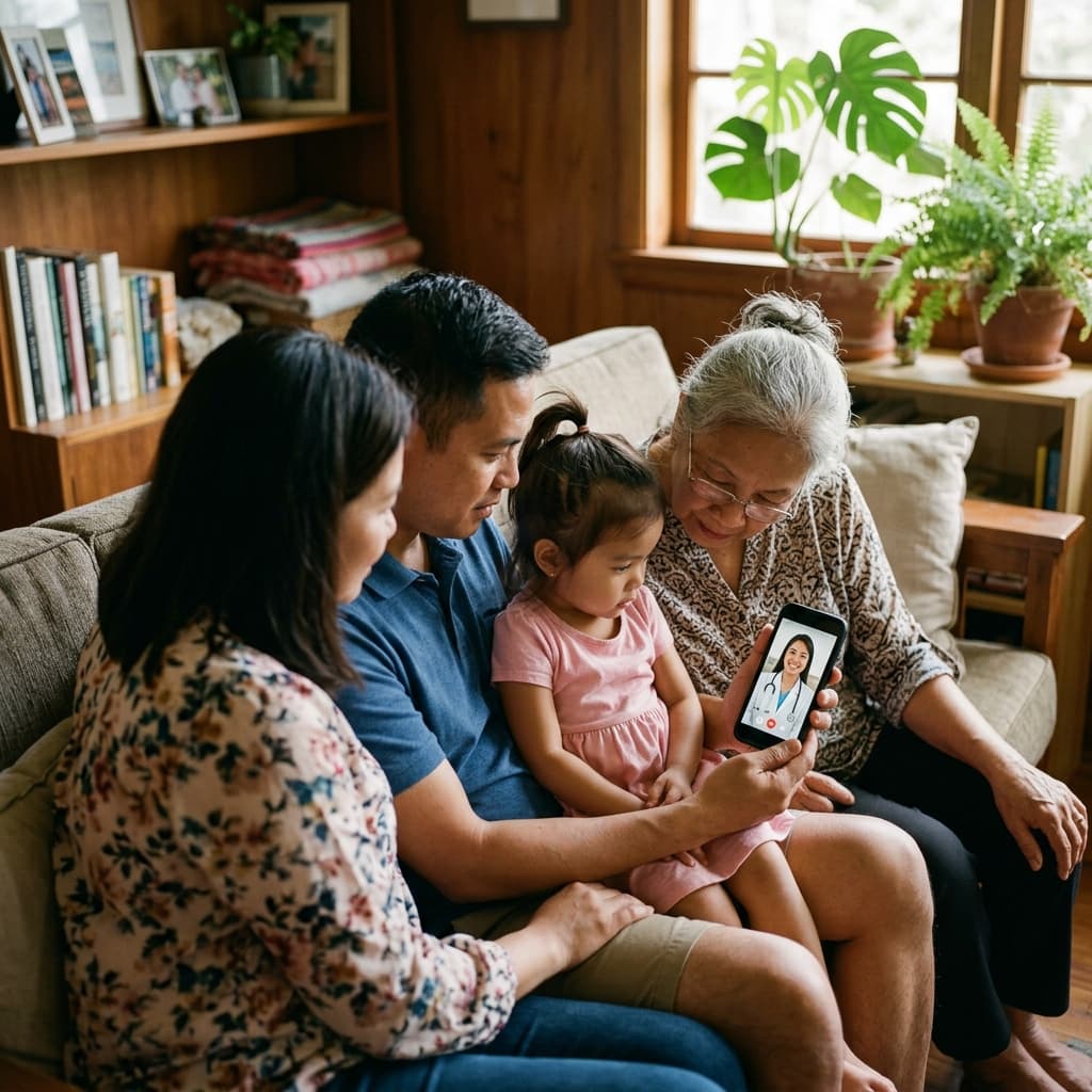 Filipino family video consulting with their family doctor on a smartphone
